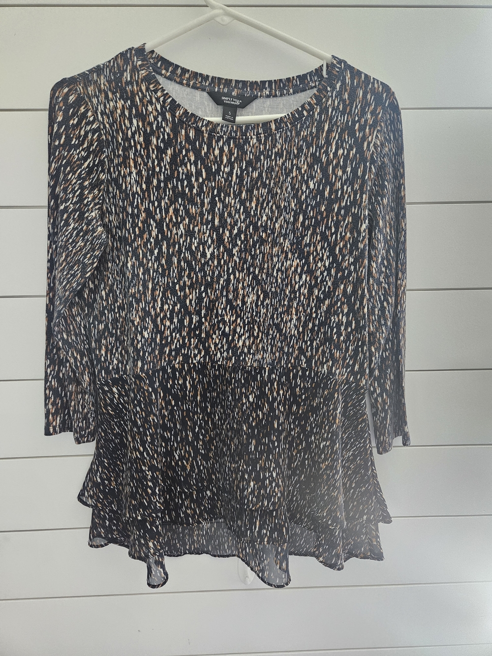 Vera Wang Black Multicolor Speckled Peplum Long-Sleeve Top